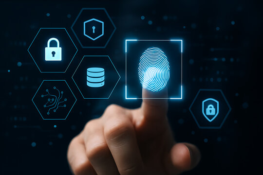 Fingerprint scanning interface with glowing holographic icons symbolizing authentication digital access system and IT technology security