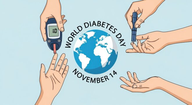 World diabetes day illustration with hands checking blood sugar levels around a globe - Powered by Adobe