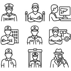 Security and surveillance linear icons set. featuring guard, investigator, monitor, checkpoint, and police symbols