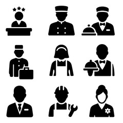 Hospitality staff silhouette icon set. featuring receptionist, bellhop, chef, janitor, and server symbols