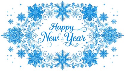 Festive "Happy New Year" greeting surrounded by ornate, blue snowflakes on a white background