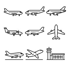 Aviation linear icons set. featuring airports, planes, flights, travel, and airline symbols