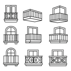 Balcony linear icon set. featuring french, juliet, enclosed, curved, and wooden balcony designs