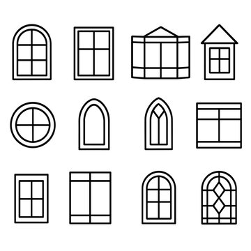 Home windows silhouette icon set. featuring arch, bay, round, double-hung, casement, and sliding window designs