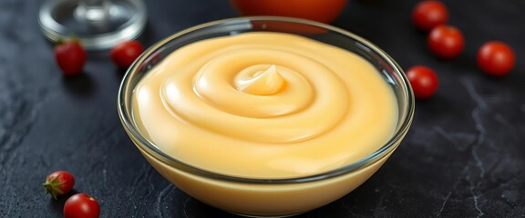 Silky smooth pudding in a glass bowl, close-up texture, food, culinary arts