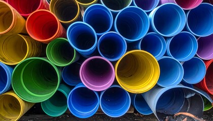 Colorful, stacked pipes in various hues. An eye-level view displays an organized, repetitive pattern of tubes. Light creates interesting shadows