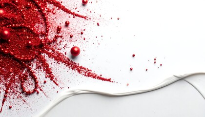 Festive layout of red glitter and scattered beads with a white wavy line against bright background