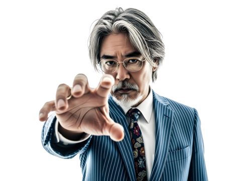Middle aged man in a suit reaching out isolated on transparent background