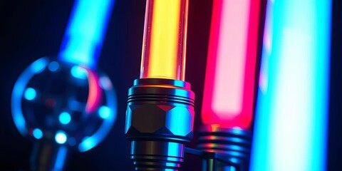 Obraz premium Close-up of three gleaming lightsabers, various colors, display, fight