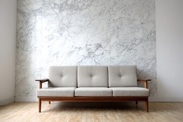 A neutral sofa with wooden accents sits before a dramatic marble wall.