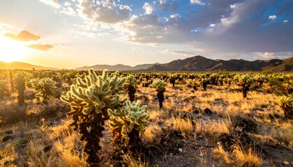 Desert landscape at sunset featuring cacti. Dry grass covers the ground, with mountains in the distance