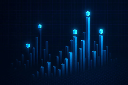 Futuristic 3D digital data visualization with glowing cubes and abstract analytics bars in blue technology background