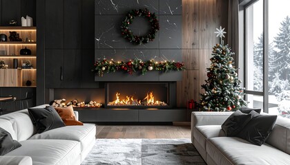 Festive living room fireplace, Christmas tree, wreaths, cozy sofas, & snowy view creates a warm & inviting holiday atmosphere