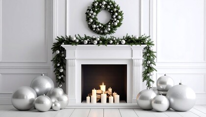 Festive mantelpiece white with silver ornaments, evergreen garland, wreath, and candles, creating a warm ambiance