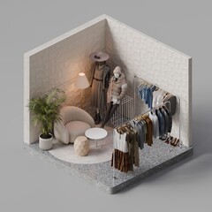 Isometric Modern Minimalist Fashion Clothing Store Interior - 3d Render
