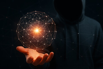 Futuristic glowing geometric sphere above human hand representing global data connections cybersecurity and innovative digital technology