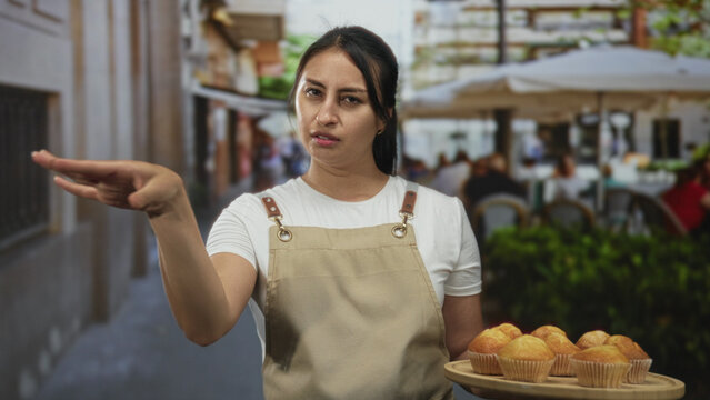 Woman waitress in apron points finger at camera while holding a wooden tray of muffins on a street cafe terrace; firm disapproval.