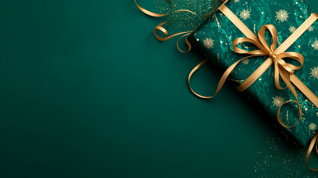 christmas decoration on a green background, gift box with ribbon, horizontal banner, free space for text, copy space