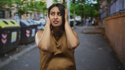 Young hispanic woman covering ears beside large recycling containers on a busy city street, hands pressed to her head and eyes closed in reaction; noise annoyance.