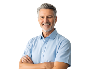 Smiling man with arms crossed isolated on transparent background looking good