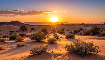 Desert landscape bathed in the warm glow of sunset. Low bushes dot the sand dunes with distant mountains. The sun's rays burst