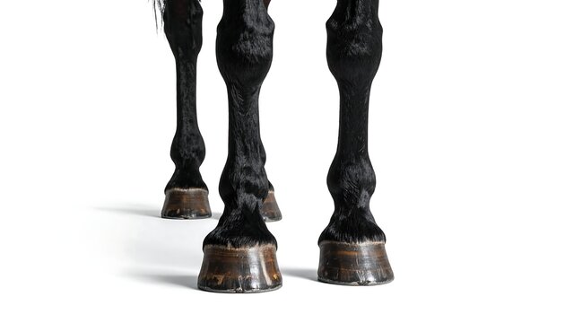 Close-up shows the glossy black legs and hooves of a horse against a stark white background
