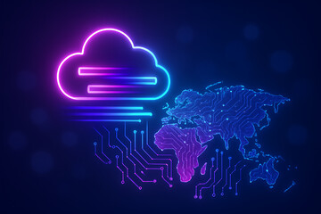 Futuristic holographic neon cloud connected to digital map representing worldwide networking data systems and modern online innovation