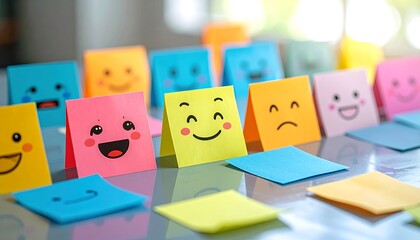 Colorful sticky notes are arranged in a row, each displaying a different smiling face. Some are lying down, while others stand