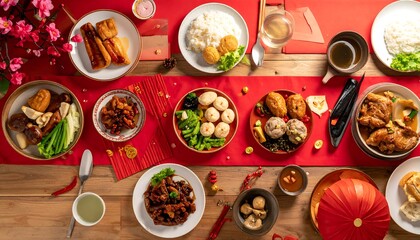 Festive Lunar New Year banquet assorted dishes, rice, red envelopes atop a wooden table with red runner and flowers