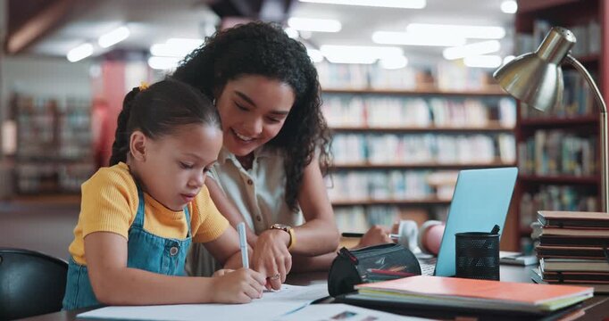Child, student and writing with teacher in library for education, learning support and knowledge. Kid, books and educator helping for elearning, study curriculum and scholarship with school homework