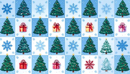 Festive pattern of pixelated Christmas trees, snowflakes, and presents on a blue/white checkered background