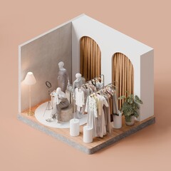 Isometric Modern Minimalist Fashion Clothing Store Interior - 3d Render
