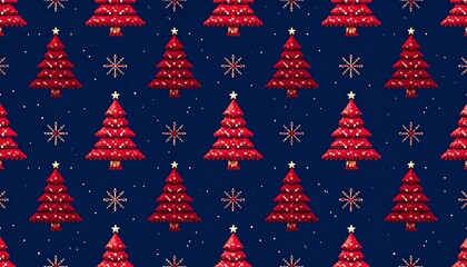 Festive pattern of pixelated red Christmas trees and gold snowflakes on a dark blue background, repeating in rows