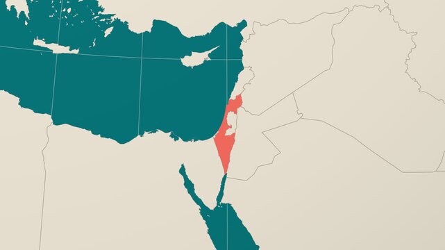 Israel map. Animated zoom into the country on the Globe in Teal Pale Mint color palette. Country logo animation. Map with meridians, parallels. Creative video.