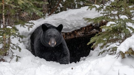Black bear emerging from its den after long cold winter in Northern Quebec, early spring wildlife scene showing awakening animal in snowy forest environment, symbol of survival and nature renewal