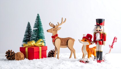Festive scene with wooden deer, nutcracker, fox, gifts, trees, and snow on white, creating a Christmas atmosphere