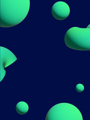 3D spheric shapes, balls and rings, in neon green color framing a copytext space against the navy-blue background; a futuristic vertical vector illustration for modern designs, posters, invitations.