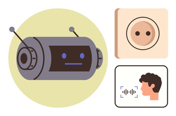 Robot head with antennas, speech recognition illustration, and outlet. Ideal for AI, robotics, automation, human interaction, voice technology smart devices innovation. Simple flat metaphor