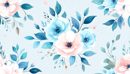 Delicate floral pattern, soft blue background, pink and blue flowers, dark blue leaves, elegant watercolor style