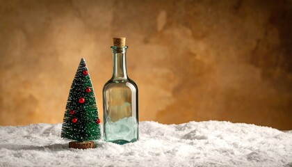Festive still life with a small Christmas tree and bottle on a snowy surface, against a soft brown background