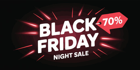 Black Friday Night Sale graphic with white letters red bursts and 70 off on red tag against a black background