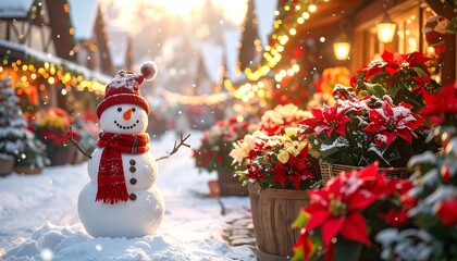 Festive winter street scene with a cheerful snowman, illuminated by warm holiday lights and blooming poinsettias