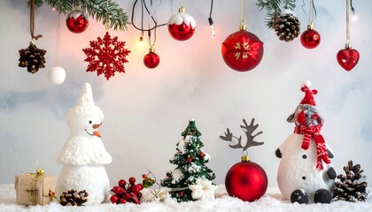 Festive winter scene with snowmen, ornaments, and a decorated Christmas tree on a snowy surface against a cloudy backdrop