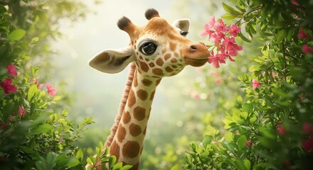 Young giraffe curiously sniffs vibrant pink blossoms nestled within lush greenery