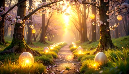 Enchanted forest path lined with glowing eggs, blossom trees above, bathed in warm, ethereal light