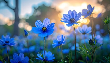 Field of blue cosmos flowers against a golden sunset backdrop with a bokeh effect and blurred background