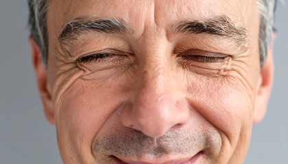 Obraz premium Close-up of a smiling, middle-aged man with closed eyes, revealing wrinkles around the eyes, against a gray background