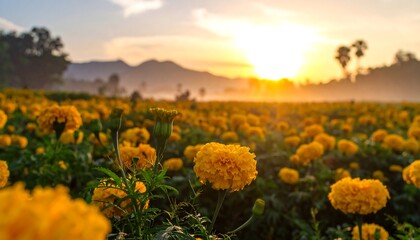 Field of marigolds under a warm, glowing sunset with soft mountains and trees in the background