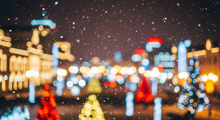 Night scene with christmas trees and lights in a snowy city with blurred background effect view