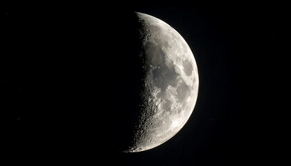 Crescent moon gleaming against a deep black sky, craters visible, half lit